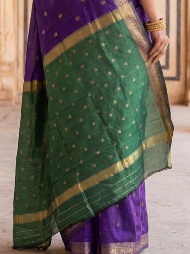 Image of AKHILAM Women's Pure Soft Spun Cotton Lichi Silk Saree For Women With Attach Unstitch Blouse Piece