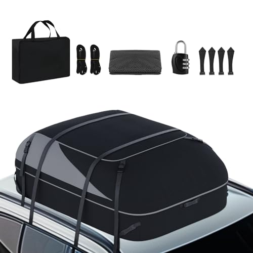 Car Roof Box, Foldable, Waterproof, 1000D with 10 Reinforced Straps, 6 Door Hooks, for Travel and Luggage Transport, for All Vehicles with/without Pannier Rack, 15 Cubic Feet (Grey/Black)