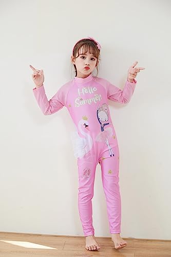 Image of Girls Swimsuits Long Sleeve Rash Guard Swimwear with Matching Cap One-Piece Bathing Suits 2-10 Years