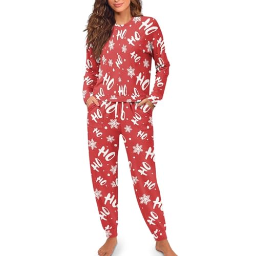 Tutolipy Womens Winter Pajama Sets 2 Pieces Ho Ho Ho Print Drawstring Pajamas Plus Size Long Sleeve Pjs Soft Cozy Nightwear Crew Neck Pj Red Christmas Pajama-M