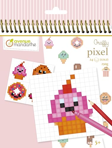 Avenue Mandarine GY099C – Un cuaderno de espiral Graffy Pixel 24 páginas para colorear (12 modelos x 2 – 24 hojas cuadriculadas en blanco) 250 g Gourmandises Kawaï