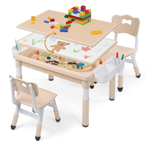 Kids Table and Chairs Set Large Storage, Height Adjustable Toddler Activity Table and 2 Chairs Set, 34.6x24.8' Graffiti/Block Building Desktop, 4 Side...