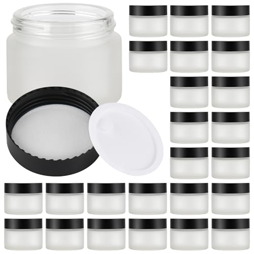 Glass Jars with Lids,Eco-Friendly Cosmetic Containers with Airtight Black Lids & Liners, Multi-Color Options for Cream, Lotion, Body Butter, DIY Skincare Travel Jars (Clear Frosted, 2oz)