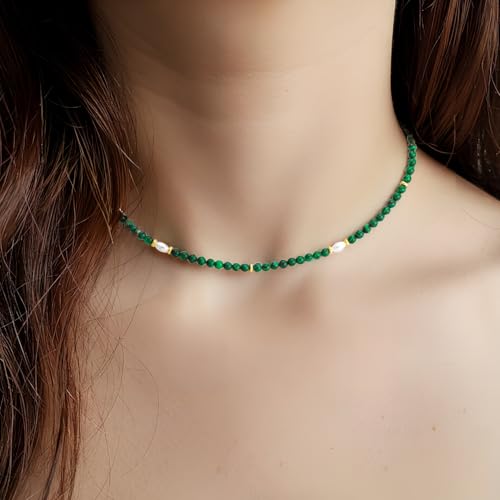 4mm Natural Green Malachite Gemstone Necklace for Women Minimalist Healing Choker Boho Jewelry with 18K Gold Beads and Pearls Chakra Balancing Amulet3