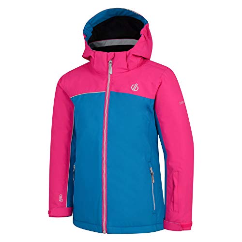 Dare2b Legit Waterproof & Breathable Foldaway Hooded Ski & Snowboard Jacket with High Loft Insulation and Snowskirt Waterproof Insulated Jackets - Atlantic Blue/Cyber Pink, 14 yr