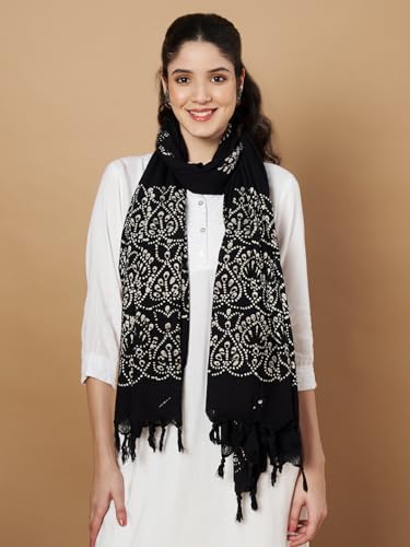 Image of Women's Cotton Rayon Bandhani Print Dupatta with Tassels 2.25 Meters | Women's cotton printed dupatta with tassels.