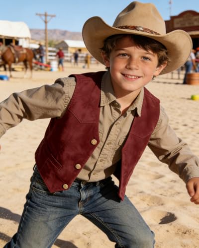 Image of Retro Boys Western Cowboy Vest for Kids Leather Suede Waistcoat | vintage dress vests, welt pockets, v-neck, adjustable waist, formal slim fit, wedding outfit, farm christmas birthday prom