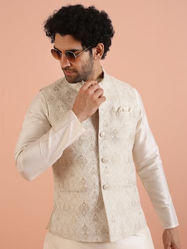 Image of Kisah Men's Silk Blend Textured Nehru Jacket Regular Fit | Designer Ethnic Layering | Wedding & Occasion Wear