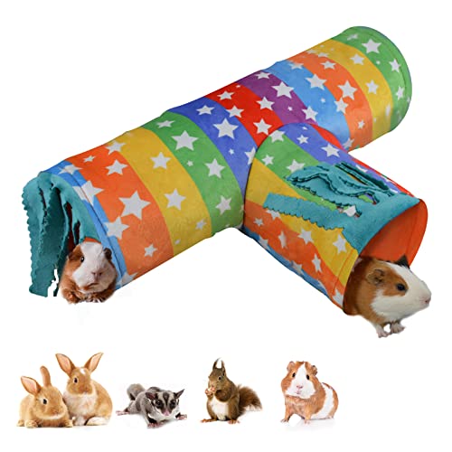 HOMEYA Túnel de conejillo de indias, escondite de cobayas, tubos plegables de 3 vías para hámster con cortina de bosque de vellón, juguetes para mascotas pequeñas y accesorios de jaula para conejos,