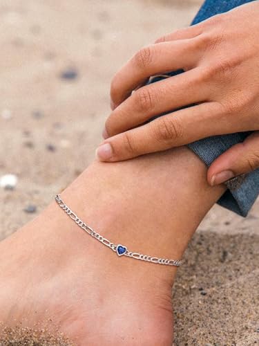 U7 SILVERCUTE Sterling Silver Anklets for Women, Large Heart/Round Birthstone Ankle Bracelet with Figaro Chain, Waterproof Summer Beach Foot Jewelry Length 8.5"-10.5"2