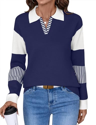LOMON Drop The Shoulder Striped Color Tops Dressy Preppy Ribbed