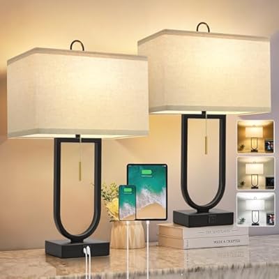 Luvkczc 24'' Table Lamps Set of 2, USB C+A Ports & 3-Color Temperature, Modern Nightstand Lamps for Bedroom, Living Room, Home Office, Pull Chain Switch & 2 LED Bulbs Included