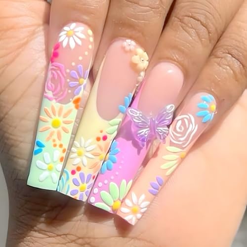 Flower Press on Nails Extra Long Fake Nails with Flower designs 3d Butterfly Colorful False Nails Matte Full Cover French Tip Acrylic Square Stick on Nails Summer Glue on Nails for Women Girls 24pcs
