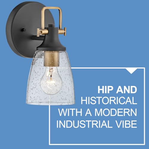 Image of Hinkley Easton 51270BK Single Light Bath Vanity Fixture, Modern Industrial, Clear Seedy Glass Shade, Mounts Up or Down, Black and Heritage Brass