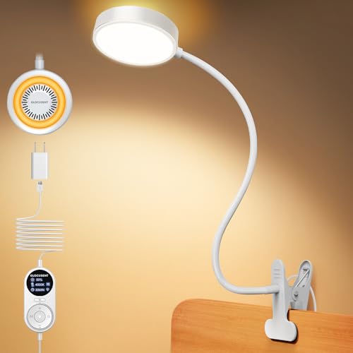 Glocusent Leselampe Bett, 72 LED Klemmlampe mit 3 Farben & 5 Helligkeiten, Flexibel Bettlampe mit Amber Nachtlicht, 30/60-Min Timer, Augenschutz, für Bett/Lesen/Arbeiten (Mit Adapter Weiß)