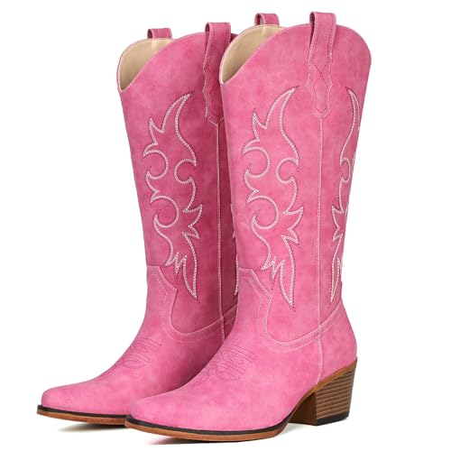 Image of IUV Cowboy Boots For Women Western Cowgirl Boots Mid Calf Snip Toe Boot With Chunky Heel
