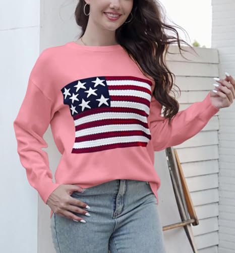 Image of Dressmine Womens American Flag Knit Sweater Crew Neck Long Sleeve Pullover