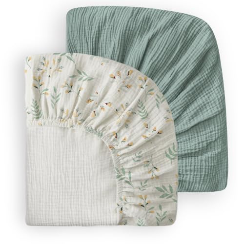 Image of Blissful Diary Muslin Mini Crib Sheets, 2 Pack, Roman Green & Leaf | fitted for pack n play, soft and breathable cotton, boho style, easy care for machine wash, gifts for boys and girls