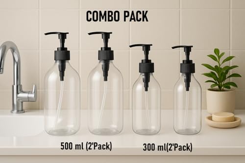 Image of Round Pump Bottle Soap Dispenser | Refillable Transparent Plastic Lotion Bottle | Empty Liquid Container for Soap, Shampoo, Lotion & Essential Oils (300+500ML Combo, Pack of 4)