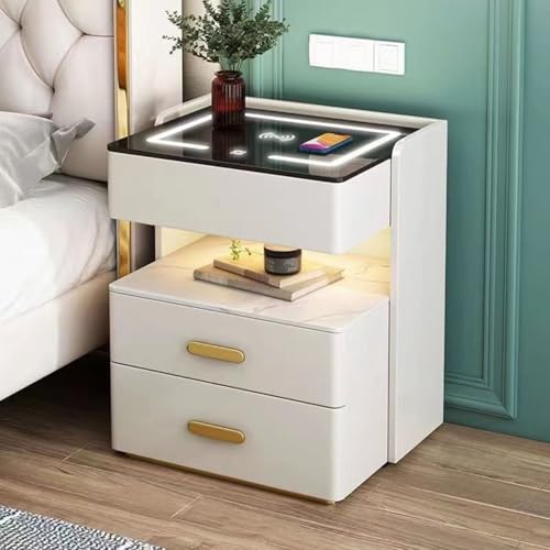 Table de chevet en verre trempé blanc de 40 cm avec finitions LED premium