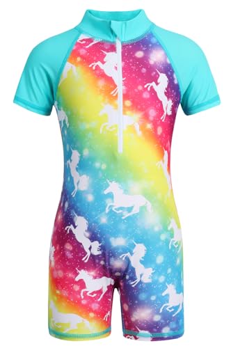 AmzBarley Girls Swimming Costume Kids One Piece Swimsuit Swimwear Zipper Swimsuits Short Sleeve Surfing Rash Guard Rainbow Age 7-8 Years Size 130