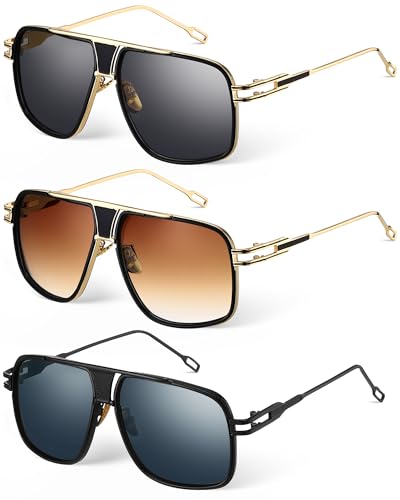 Image of Frienda 3 Pairs Retro Sunglasses for Men Oversized Men Shades Glasses Fashion Alloy Metal Gold Frame Polarized Sun Glasses