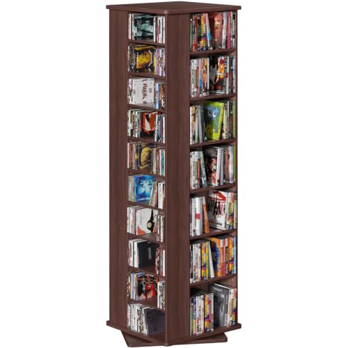 DVD Storage Shelf,Rotating DVD Rack w/Adjustable Shelves, Walnut | 4-Sided Media Tower with Adjustable Shelves for CDs, DVDs, Blu-Ray, Video Games, Books and Collectibles