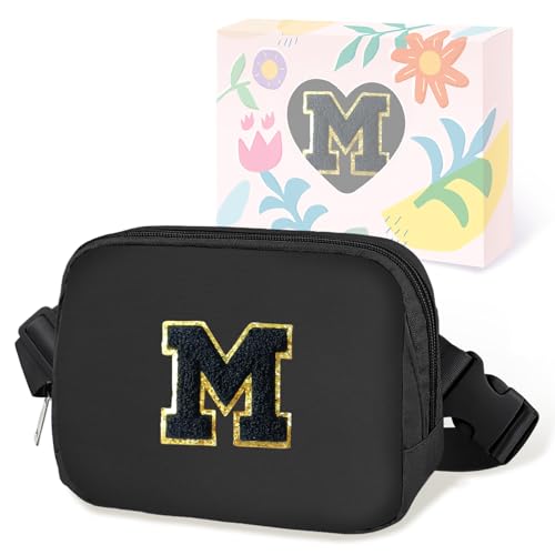 Image of COSHAYSOO Birthday Initial Gifts for Teen Girls 8 9 10 11 12 13 14 Year Old, Fanny Pack Belt Bag Crossbody Shoulder Purse Black Chenille Letter M