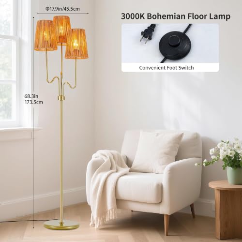 Image of MAYNA 3-Light Gold Boho Floor Lamp with Handwoven Rattan Shades