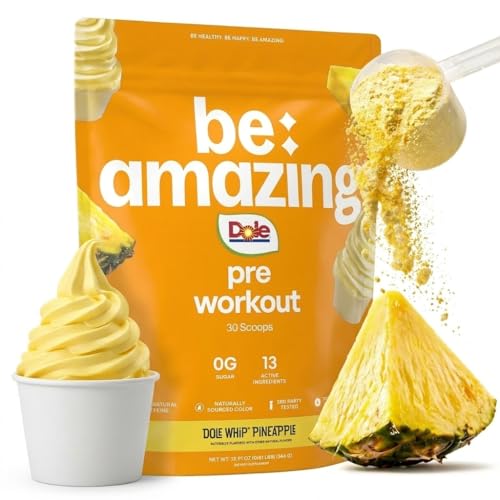 BE AMAZING Pre Workout Powder Vegan Supplement with 125mg Natural Caffeine Ashwagandha and Adaptogens Sugar Free Drink Mix for Men and Women Gluten Free Non GMO Dole Whip Pineapple 30 Servings