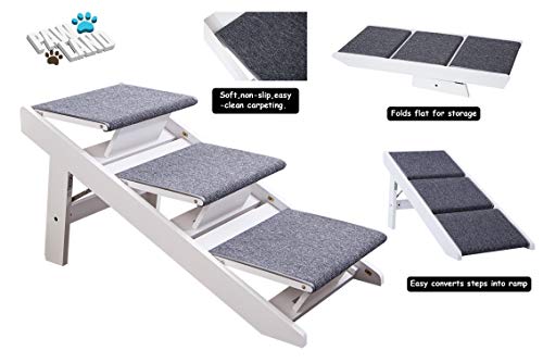 PAWLAND 2-in-1 Portable Folding Pet Stairs for Dogs, Cats, high beds, Wood Pet Safety Beside Dog Ramp,Dog Steps, Easy Climb Pet Step Stool (White)