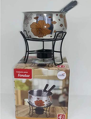 CONJUNTO PARA FONDUE EM AÇO INOX 4 PEÇAS ESTAMPADO FLORIDO