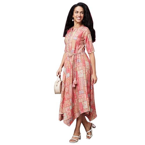 Image of Globus Coral Mandarin Collar All Over Printed Belted Dress