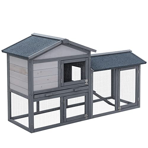 PawHut Clapier Cage à Lapins rongeurs 2 Niveaux clapier Lapin Nain avec 3 Portes verrouillables tiroir à déjection Toit intégral bitumé 147L x 54l x 84H...