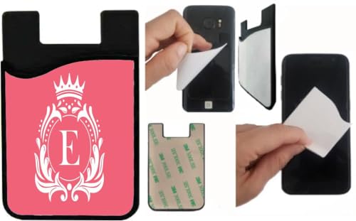 Island Gifting - Letter E Monogram - Fancy Crown on Rose Pink Design - Stick-on ID Card Holder for iPhone/Galaxy/Google Android Cases