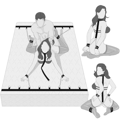 Sex Bondage Restraints BDSM Toys - 2 in 1 Bed Bondage Set & Behind Neck to Wrist BDSM Kit with Adjustable Handcuffs Ankle Cuffs Collar Bed Straps for King & Queen Size, Adult Sex Toy for Couples Kinky