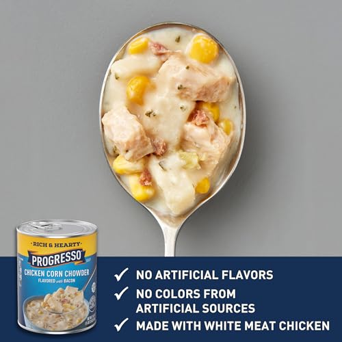 Image of Progresso Rich and Hearty Chicken Corn Chowder Canned Soup, Flavored with Bacon, Gluten Free, 18.5 oz (Pack of 3)
