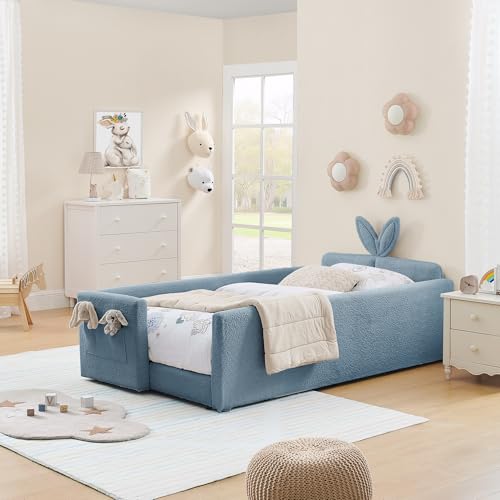 Image of KEIKI Twin Size Upholstered Platform Bed Frame with Cute Rabbit Ear Shaped Headboard and Pocket, for Boys and Girls, Platform Bed with Guardrail and Slats, No Box Spring Required, Easy Assembly, Blue