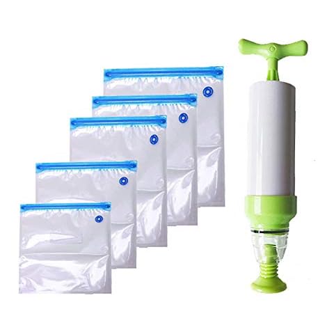 Vacuum Sealer with Hand Pump, Food Vacuum Sealer Bags Reusable Kitchen Kit Vacuum System Keep Food Saver Longer,Easy to Use 1 Hand Pump, 5 BPA Free Food Vacuum Sealed Bags Cover