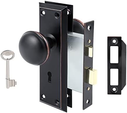 ToPToToo Mortise Lock Set for Interior Door, Vintage Antique Door Knobs with Lock and Skeleton Key, Old Door Knob Replacement Fits 1-3/8 in 1-3/4 in, Classic Oil Rubbed Bronze Finish