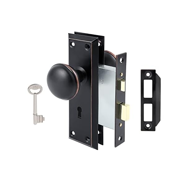 ToPToToo Mortise Lock Set for Interior Door, Vintage Antique Door Knobs with Lock and Skeleton Key, Old Door Knob Replacement Fits 1-3/8 in 1-3/4 in, Classic Oil Rubbed Bronze Finish