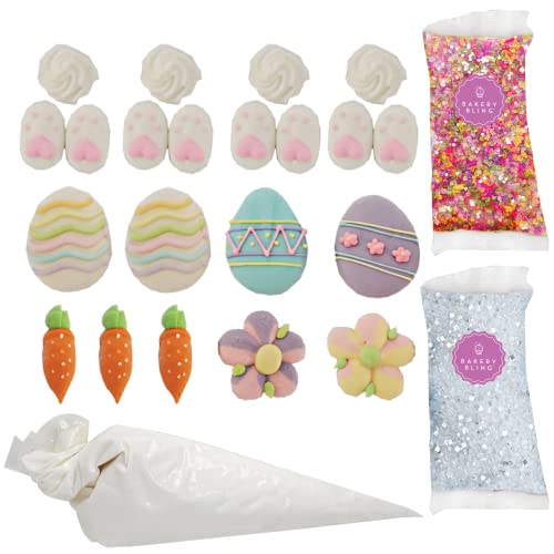 Easter Cupcake Toppers - 100% Edible 16 Piece Edible Cupcake Topper Set - Decorate Easter Cookies, Cupcakes, Cakes & More - Edible Bunny Feet, Tails, Eggs, Carrots, Flowers + Icing & Easter Sprinkles