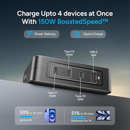 Image of Ambrane 150W Fast Charger for All Mobiles, Type C Laptops - MacBook All Models & Windows Type C Laptops, 4 Ports - 3 Type C, 1 USB, GaN Adapter, Long Cable, Perfect for Table (RAAP HUB 150 Black)