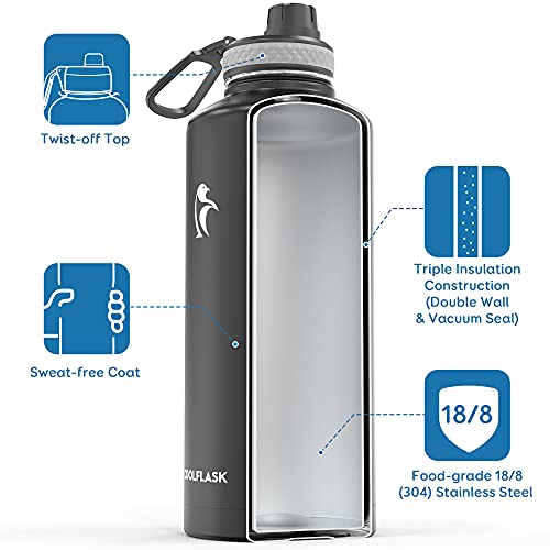 Insulated Water Bottle 87 oz with Straw, Coolflask 2/3 Gallon Stainless Steel Metal 3 Lids Large Water Jug for Sports or Office, Non-BPA Keep Cold Up to 48 Hrs or Hot Up to 24 Hrs, Magic Black
