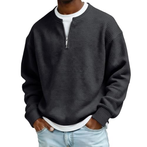 Waffle Quarter Zip Pullover Men 1/4 Zip 2 in 1 Faux Layered Sweatshirts - image 1
