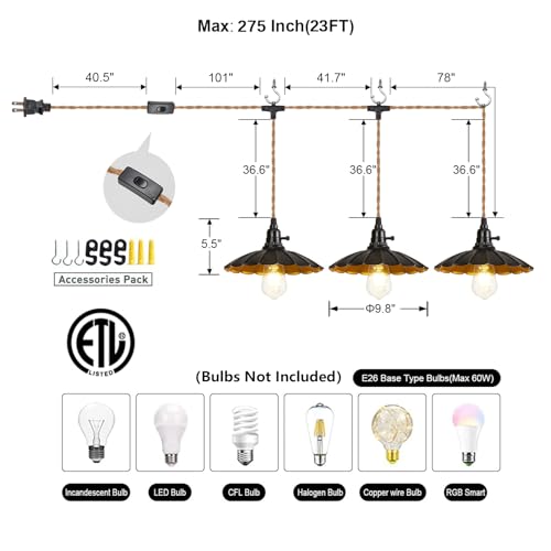 Image of 3-Light Plug in Pendant Light Fixtures Chandelier | Switch 22FT Industrial Ceiling Hanging Lamp Cord Farmhouse Cable DIY Including DIY Lotus lampshade