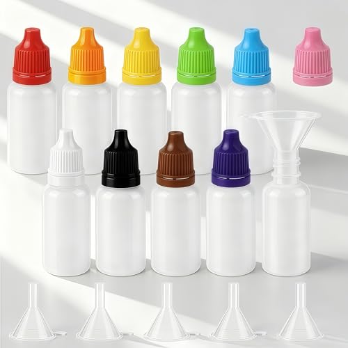 16 PCS (10 Bottles + 6 Funnel) 15ml (0.5oz) Small Plastic Dropper Bottles, Multi-Color Eye Liquid Dropper Bottles, Squeezable & Portable Travel Containers for Eye Drops, Refillable with Cap and Plug
