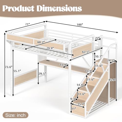 Image of Bellemave Queen loft Bed with Storage Stairs, Wardrobe, Shelves, Metal Queen Loft Bed Frame for Adults, Kids, Teens, White+Natural Wood with Stairs