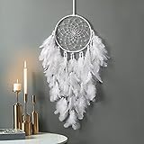 Dremisland White Feathers Dream Catcher Wall Hanging Elegant Wall Art Room Decoration for Windows Balcony Bedroom Wedding Party Gift for Girls and Kids(No Light)