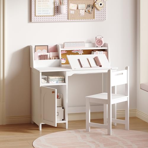 Image of Treocho Kids Study Desk and Chair Set, Kids Desk with Hutch and Tiltable Desktop for 3-8 Years Old, Wooden Children Study Table with Storage Cabinet, Student Writing Desks Bedroom, Home School, White